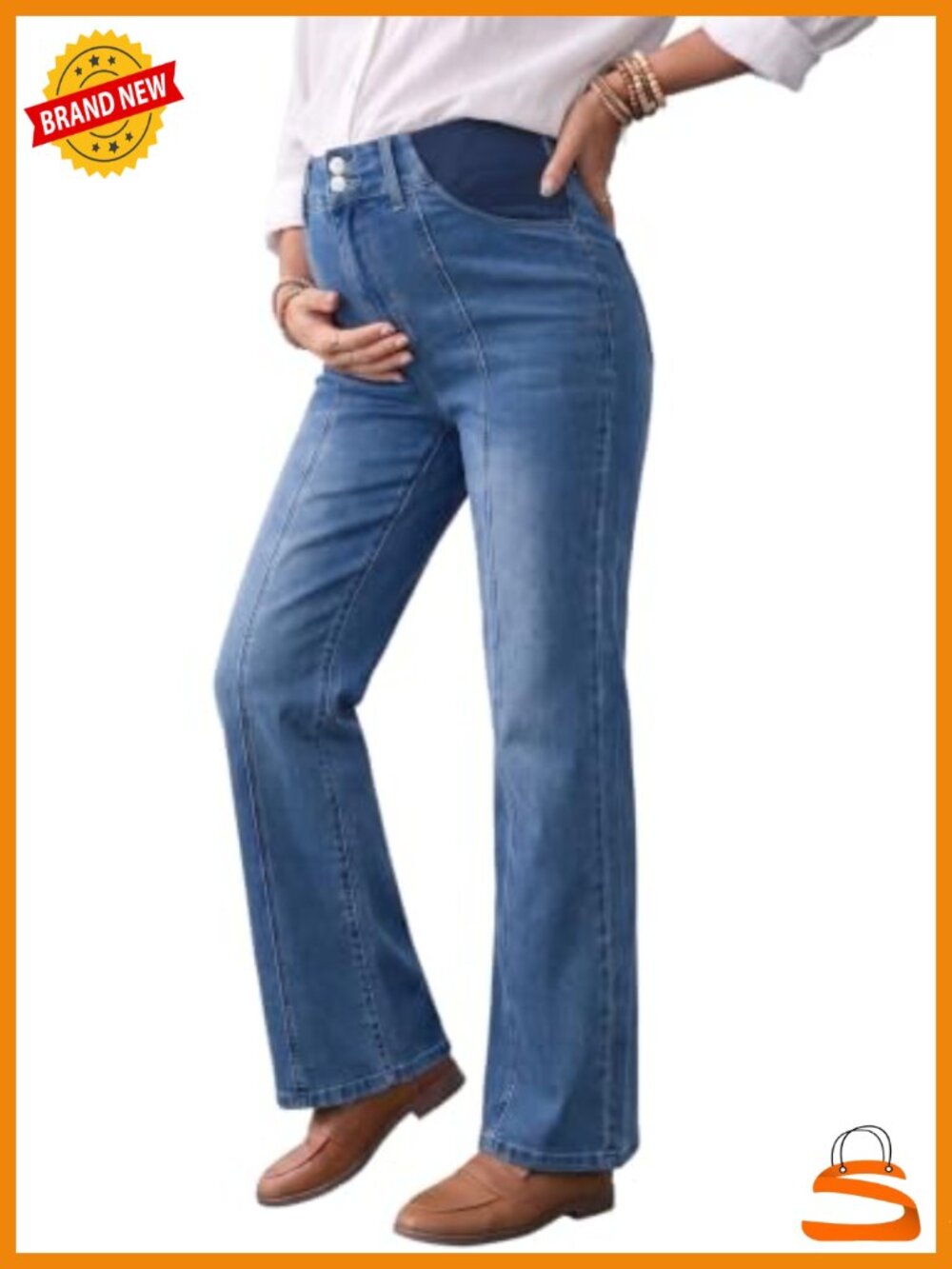 Maternity Jeans Elastic High Waist Side Panel Wide Leg Stretchy Denim Pants